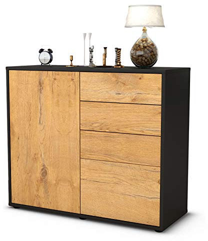 Stil.Zeit Sideboard Celestina, Korpus anthrazit matt, Front Holz-Design Eiche (92x79x35cm) Push-to-Open Technik & Leichtlaufschienen