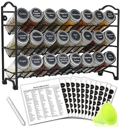 SWOMMOLY Gewürzregal mit 24 leeren runden Gewürzgläsern, 396 Gewürzetiketten mit Kreidemarker und Trichter, komplettes Set, für Arbeitsplatte, Schrank oder Wandmontage