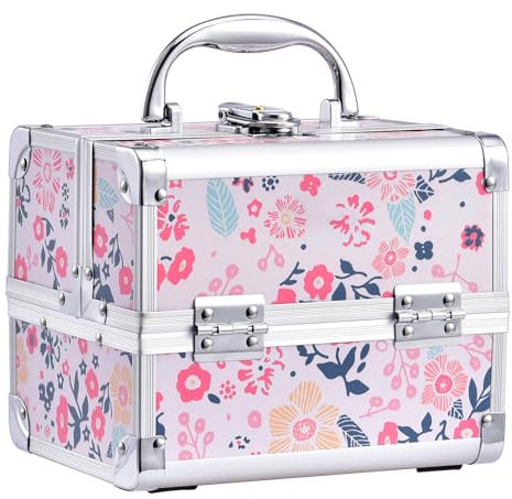 Kosmetikkoffer Schminkkoffer Schmuckkoffer Kosmetik-Makeup-Koffer mit Spiegel Pink, Blumen