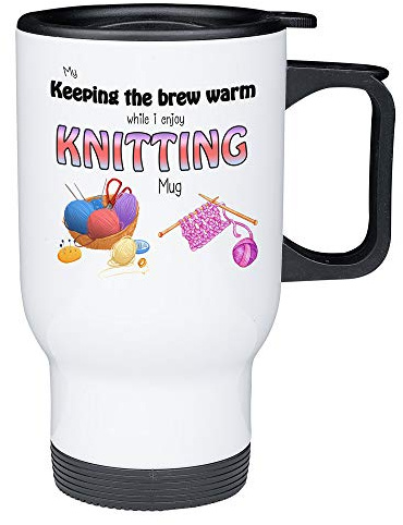 Keeping My Brew Warm While I'm Busy Knitting, Knitter 14oz Aluminium Travel Mug, Knitting Gifts, Mother's Day Gifts