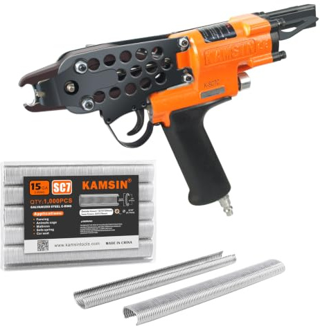 KAMSIN K-SC7C 15 Gauge Druckluft C-Ring Zange 19mm Krone für Drahtgitter | 23,7mm Breite, 4,8mm Verschluss, 1000 Klammern inklusive für Zäune, Autositze & Käfige, ergonomisch, langlebig & zuverlässig