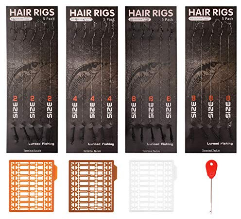 Luroad Carp Fishing Hair Rigs, 20 Pcs Curved Barbless Carp Hook Anti-Tangle Swivel Braided Thread line with 3 Card Boilie Bait Stops Dumbell Stoppers and Stringer Needle, Size 2 4 6 8