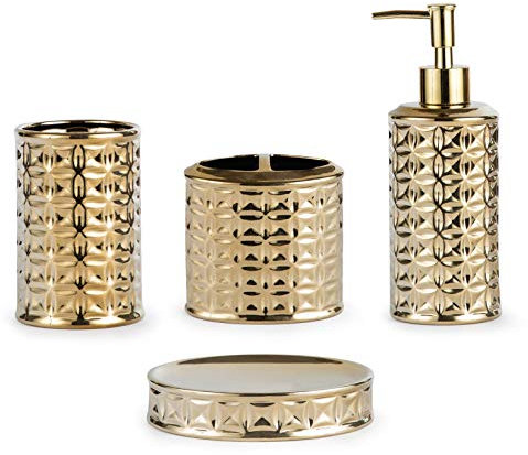 Gold Bathroom Accessory Set, 4-Piece Ceramic Bathroom Decorations Accessories Sets Includes Lotion Dispenser, Toothbrush Holder Tumbler and Soap Dish