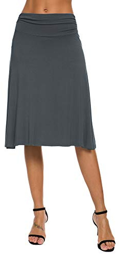 EXCHIC Dam vardaglig solid stretchig yogakjol elastisk midja utsvängd midikjol knälång, Skiffer, L