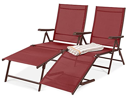 Best Choice Products Juego de 2 sillones reclinables de acero para exteriores ajustables con 6 posiciones de espalda y 2 patas - rojo oscuro