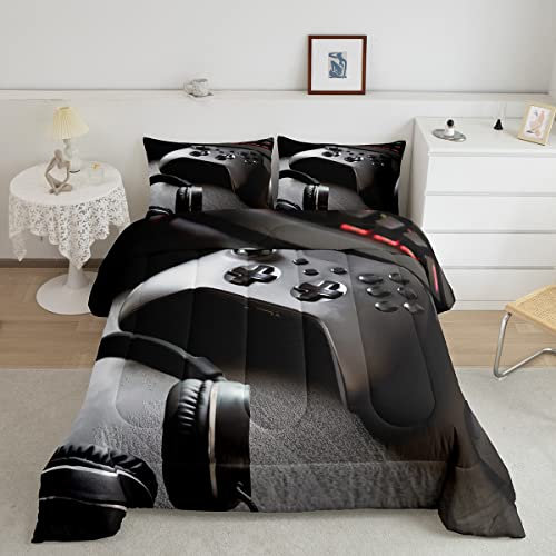 Gamepad Steppbett Jungen Spiel Regler Tröster für Kinder Mädchen Modern Spieler Headset Bettdecke 135x200cm Jugendspielkonsole Videospiel Dekor 4-Jahreszeiten Bettdecke mit 1 Kissenbezug Schwarz