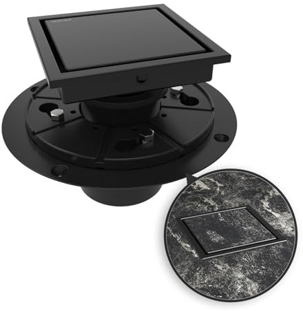 WEBANG 4 Zoll Quadratischer Duschrinne Schwarz Bodenablauf mit Flansch Reversible 2-in-1 Abdeckung Flieseneinsatz Rost Abnehmbar SUS304 Edelstahl CUPC Zertifiziert Mattschwarz