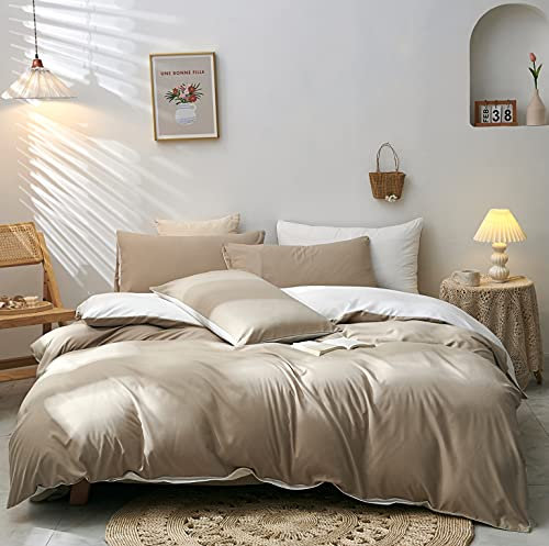Damier Bettwäsche 135×200cm Beige Weiß Superweiches Microfaser Bettbezug Set 2 Teilig Wendebettwäsche mit Verdecktem Reißverschluss und 1 Kissenbezug 80 × 80 cm