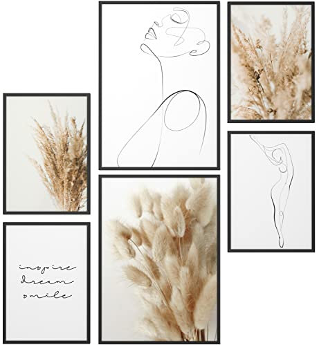 Papierschmiede® Mood Poster Set Pampas Woman, Deko Bilder Wohnzimmer, 2x DIN A3 (ca. 30x42) und 4x DIN A4 (ca. 21x30), Frau Zeichnung Wollgras Boho beige - Wandposter ohne Rahmen