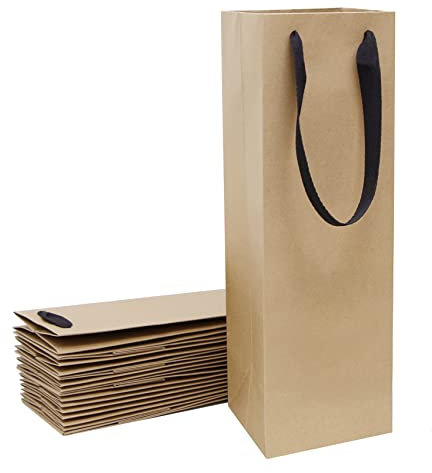 Brown Wine Bottle Gift Bags Bulk,10 Pack Kraft Paper Gift Bags with Handles 4x4x14 inch for Champagne Alcohol
