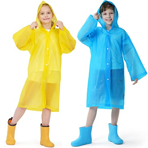 Opret 2 Stück Regenponcho Kinder, Wiederverwendbar Wasserdicht Regencape Kinder mit Kapuze und Ärmeln, Eva Atmungsaktiv Regenschutz Regenmantel für Mädchen Jungen Wandern Camping Reisen