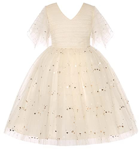 BUNNY LULU Mädchen Kleid mit schräger Schulter, Brautjungfer, Hochzeit, Prinzessin, Kinder, Schleife, Geburtstagsball, Party, Show, Abend, Lavendel.(Champagner,7-8 Jahre)