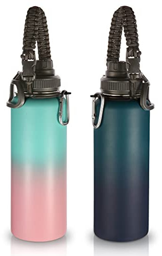 Volhoply Insulated Water Bottles Bulk 2 Pack, 1200ml Stainless Steel Sports Bottle with Paracord Handle & Spout Lid,Double Walled Water Cups with Wide Mouth, Reusable Big Water jug(Assorted,2 Set)