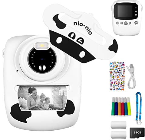 Meidom Sofortbildkamera Kinder, 30MP 1080P Kinderkamera Drucken Schwarzweiß Foto mit 2,4 Zoll Bildschirm, DigitalKamera mit 32GB TF-Karte, 6 Farben Pinselstift, 2 Rollen Druckpapier, Dual Kamera, Weiß
