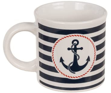 Seaside No.64 - Tasse maritime en grès – Avec ancres et vagues ou rayures avec logo – Phare ou ancre, bleu, blanc rouge (tasse à rayures, ancre)