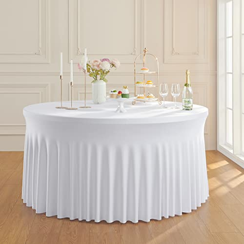 Weißer Dehnbare Spandex Runde Tischdecke für 150 cm Runden Tisch, Strecth Runde Tischdecke 300 cm für Bankett, Hochzeitsempfang, Buffettisch, Party, Geburtstag, Urlaub, Abendessen