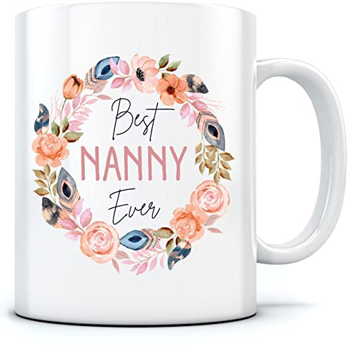 HotScamp Best Nanny Ever Flower Wreath - Mug for Tea Coffee - Mother's Day Grandmother Grandma Nan One Size White
