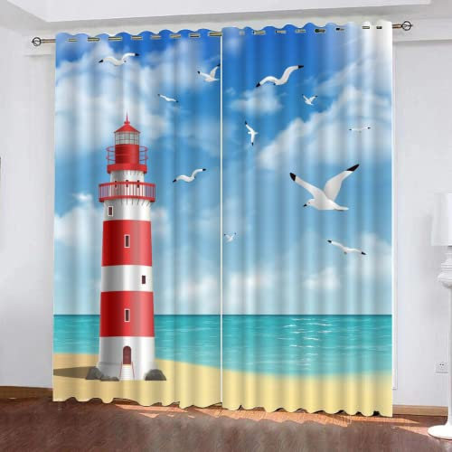 HABEAT 3D Leuchtturm Vorhänge Abdunkelnde mit ösen 2 Stücks Gardinen Blickdicht Verdunkelungs Sommer Strand Kälteschutz Scheibengardinen für Junge Mädchen Schlafzimmer B 234 X H 183 cm