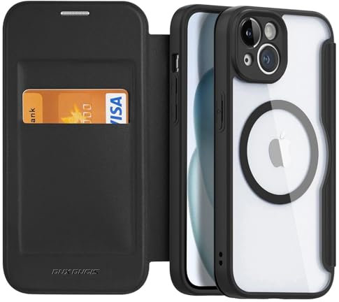zenrich Magnetic Case for iPhone 15 6.1 Inch with Card Holder RFID Blocking PU Leather Flip Case, Shockproof Case Cover Scratch Resistant Transparent Back for iPhone 15 Case, Black