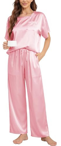 Nanxson Femme Ensembles de Pyjama Été Satin Vêtements de Nuit Pyjama Sets Haut à Manche Courte et Pantalon Longue, Rose