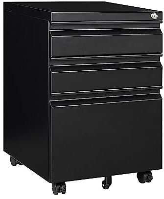 Panana Fully Assembled!Home Filing Furniture Under Desk 3Drawers Steel Lockable Mobile File Cabinet Bedside Table, Office Metal Storage Chest of Drawers(W39*D46*H62cm,Black)
