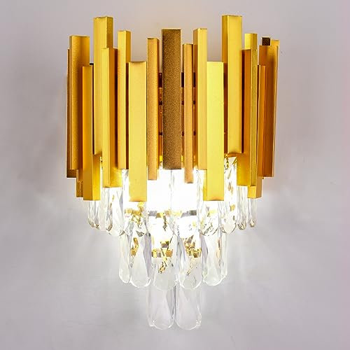 FRIXCHUR moderne dreistufige Gold Kristall Wandleuchte LED Kristall Wandleuchte Schlafzimmer Esszimmer Flur Treppe Licht 2 x E14 Sockel
