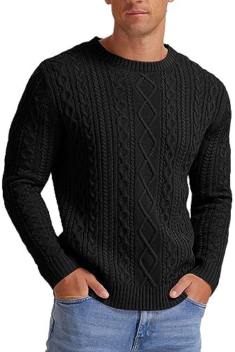 Hisir Men's Winter Cable Knit Jumpers Casual Crew Neck Thick Warm Long Sleeve Sweater Pullover Tops for Men UK (Black, M)