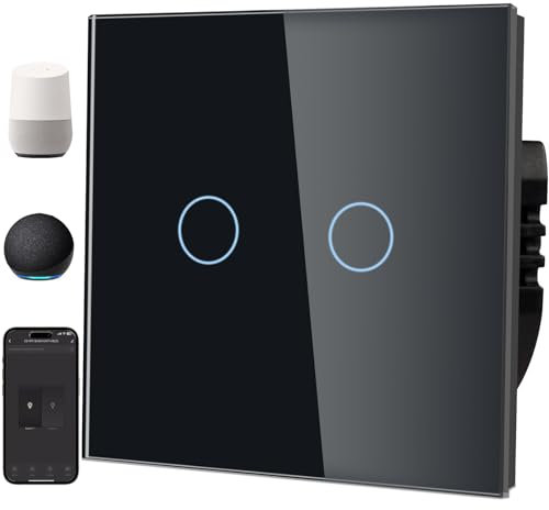TAWOIA Interruptor de luz Smart Alexa (requiere cable neutro), interruptor de luz wifi con cristal de cristal, control por voz para Alexa, compatible con Smart Life y aplicación Tuya de 2 vías, 1 vía,
