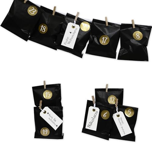 Frau WUNDERVoll® DIY Adventskalender zum Befüllen Bescherung, schwarze Papiertüten 13x16,5cm, Ziffern gold metallic/Weihnachten Aufkleber Advent Kalender Kinder Geschenkbeutel
