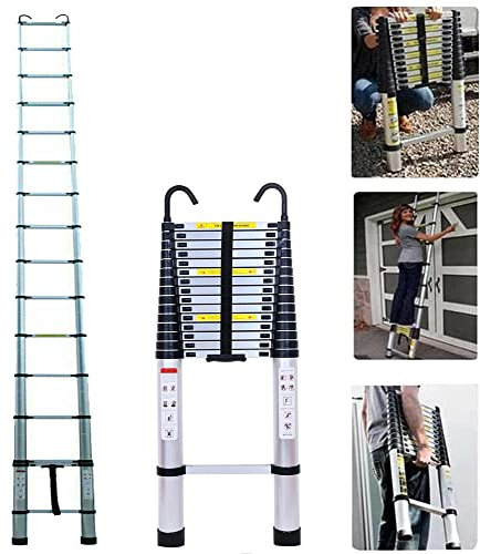 Scaletta Telescopica Alluminio con 2 Ganci, 15 Gradini, 6,2 m Scala Allungabile, Scala Portatile e Leggera, Forte e Stabile, Multiuso, Portata 150 kg, EN131, Argento