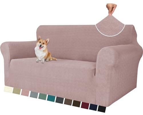YSTELLAA Stretch Sofa Überzug 2 Sitzer, Sofaschoner rutschfest Mit Armlehne, Dicke Sofabezug Für Hunde Katzen Und Haustiere, Universal Jacquard Sofabezug, Waschbare Sofa Cover, Grau Rosa