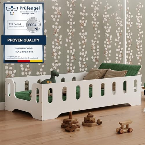 smartwood Cama Infantil 120x200 Blanco - Cama Montessori de Madera Certificada FSC, con Barandilla de Protección y Somier Resistente hasta 300 kg - para Niño y Niña - Montaje Fácil - TILA 2B
