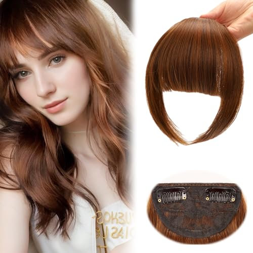 QESSUVNC Clip-in Pony Haarteil - Echthaar Extensions mit Pony und Fransen für Frauen (Hellbraun)