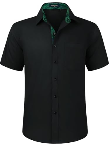 HISDERN Mens Short Sleeve Black Shirt Casual Shirts Business Regular Fit Dress Shirts for Men Non-Iron Stretch Shirt with Pocket,S