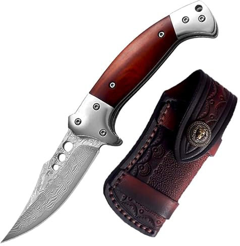Joa Couteau de poche Damas pliant tranchant et pliable - Couteau de survie - Couteau de chasse en acier damassé - Petit manche en bois - Couteau de qualité supérieure avec étui en cuir