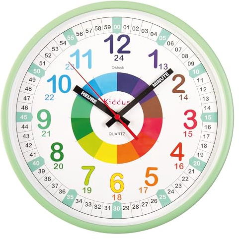 Kiddus Lernuhr Wanduhr Kinder 20cm, Pädagogische Uhr für Jungen & Mädchen, Lautloses Uhrwerk, Zeiger mit Stunde & Minute Beschriftung, Ideal für Schulanfänger - 08 Mint FR 30cm