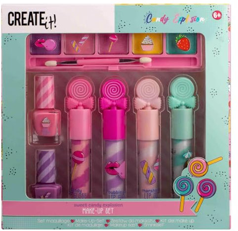 Create It! Candy Make-up-Set für Kinder, Make-up-Etui (4 Lipgloss + 2 Nagellacke + 5 Lidschatten + Pinsel)