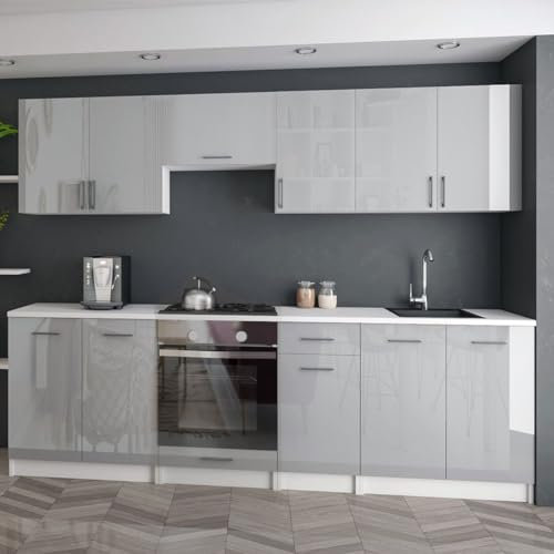 roe furniture Küchenzeile ohne Elektrogeräte - Modern Einbauküche 240 cm - Küche Komplett Leco - Küchenblock - Geräumige Singleküche - Küchenmöbel Komplett Grauer Hochglanz & Weiße Arbeitsplatte