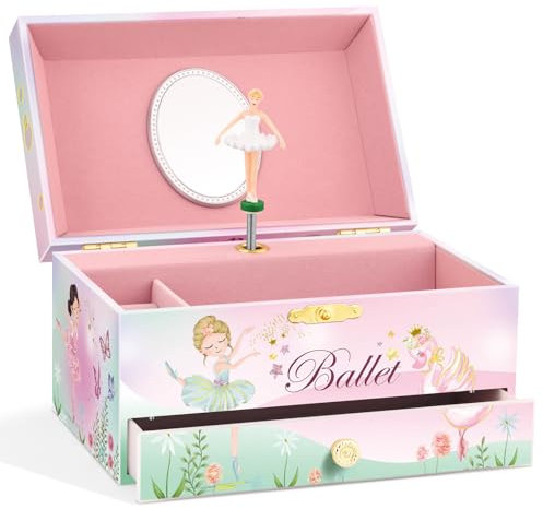 A&A Musik-Schmuckschatulle für Mädchen mit großer Schublade, gepaart mit Ballett-Mädchen-Thema, drehbar, Wiedergabe der Melodie für Schwanensee, Rosa