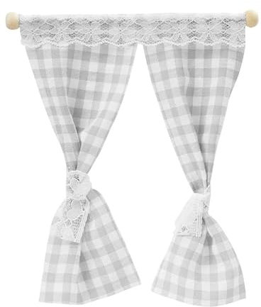 Miniaturen für Puppenhäuser und Wichtelstuben oder Geschenkgutscheine · DIY Miniwelt · Vorhang 11,5 x 12 cm, grau-weiß