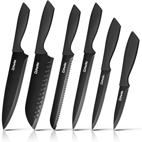 D.Perlla Knife Set 6 Pieces Black Chef Knives Set with Sharp Blades Nonstick Coating Easy Grip Handle, Black