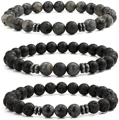 LOCCY Perlenarmband Herren, 3 Stück 8mm Perlenarmbänder Set Stretch Tigerauge Armband Lavastein Perlen Armband für Männer Fraun für Geburtstag Vatertag Weihnachten Geschenke (Labradorit+Lavastein)