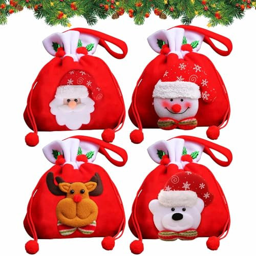 Geschenktüten Weihnachten Stoff,4 Stück Weihnachtstüten Geschenkbeutel,Weihnachtssackerl Kordelzug mit Griff,Weihnachts Geschenktüten mit Weihnachtsmann Schneemann Elch Tragen Muster