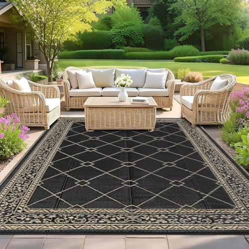SHACOS Outdoor Teppich Wetterfest 240x300 cm Wendbarer Kunststoffteppich Balkon Teppich Waschbar UV-beständig Picknickdecke Außenteppich für Terrasse Patio Camping Garten, Schwarz