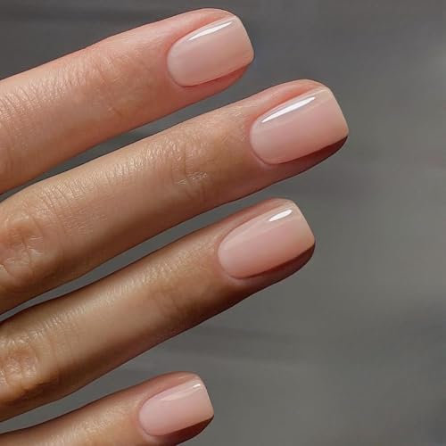 SXVME Nude Press on Nails Short Square Acrylic Short False Nails Coffin Natural Acrylic Fake Nails Set Elegant Solid Color Full Cover Glossy Gel Stick on Nail for Women Daily Wear 24 Pcs