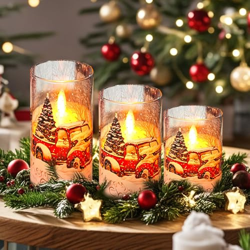 Weihnachtsdeko LED Kerzen Mit Timerfunktion, 3 Stück Flammenlose Flackernde Flamme, Weihnachts Muster Mit Fernbedienung für Innen, Tischdeko (C)