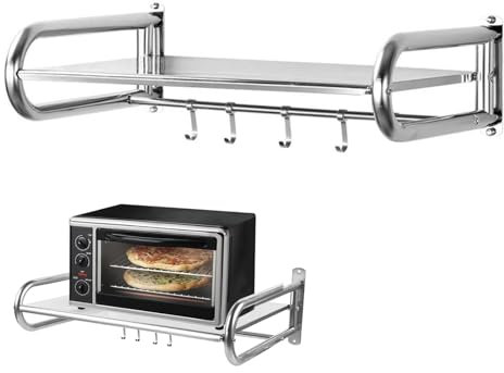 TWSOUL Mikrowellen Regal, Hängend Mikrowelle Ablagen mit 4X Haken, 56 x 36 x 16cm, Single-Layer-Rack Microwelle Ablage, Tragfähigkeit 30kg