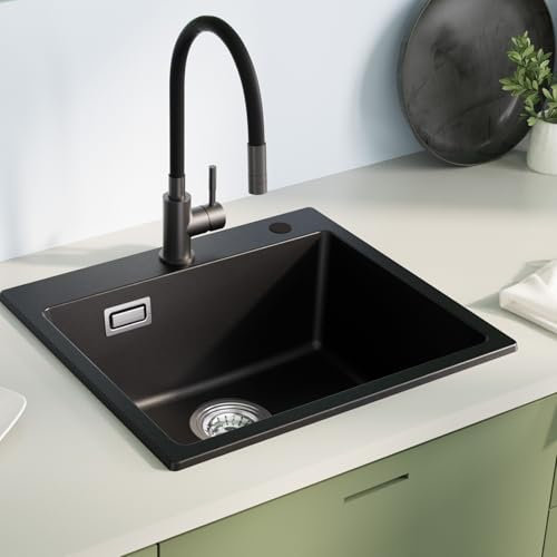 Sofetiy Fregadero de cocina de granito negro, 50 x 45 cm, color negro, rectangular, de granito, moderno juego de fregadero, con 2 agujeros para grifo, 1 lavabo