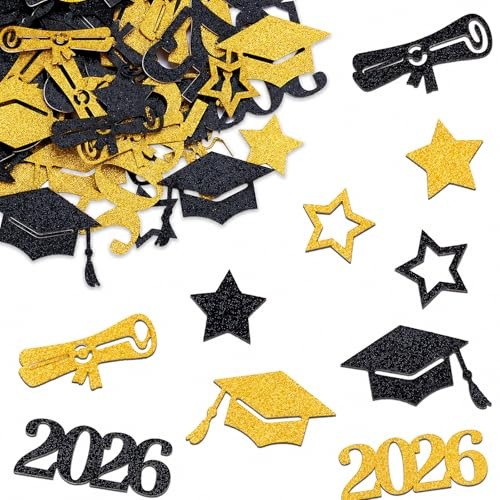 2026 Graduation Deko Konfetti Schwarz Gold, 100 Stk Abschluss Deko Bachelor Deko Tischdeko, Prüfung Bestanden Deko Confetti,Abschluss Hut Streudeko für Congratulations Grad Bestandene Prüfung Geschenk