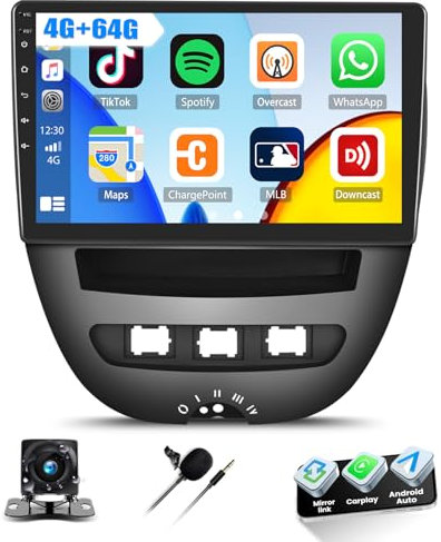 4G+64G GOHHDL Android Autoradio für Peugeot 107 / Citroen C1 / Toyota Aygo 2004-2014 mit Kabellosem Carplay Android Auto, 10 Zoll Radio mit BT GPS Navi WiFi FM/RDS Mirror Link SWC Rückfahrkamera&MIC